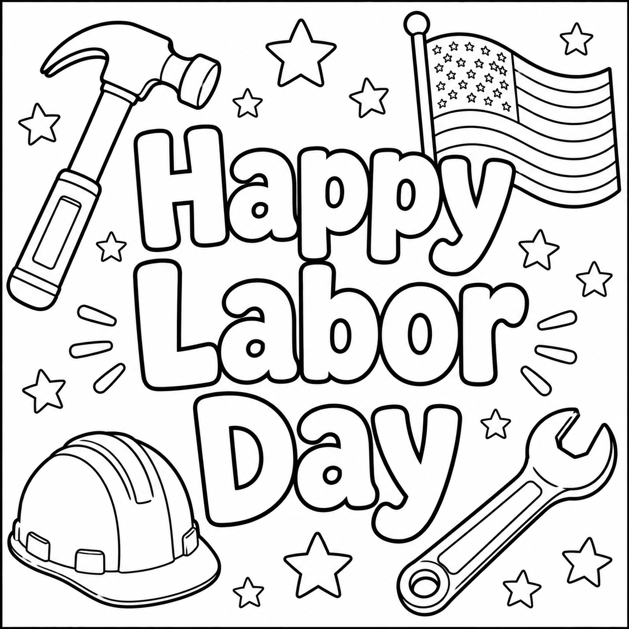 Happy Labor Day Banner coloring page with large bubble letters, hammer, wrench, hard hat, and American flag